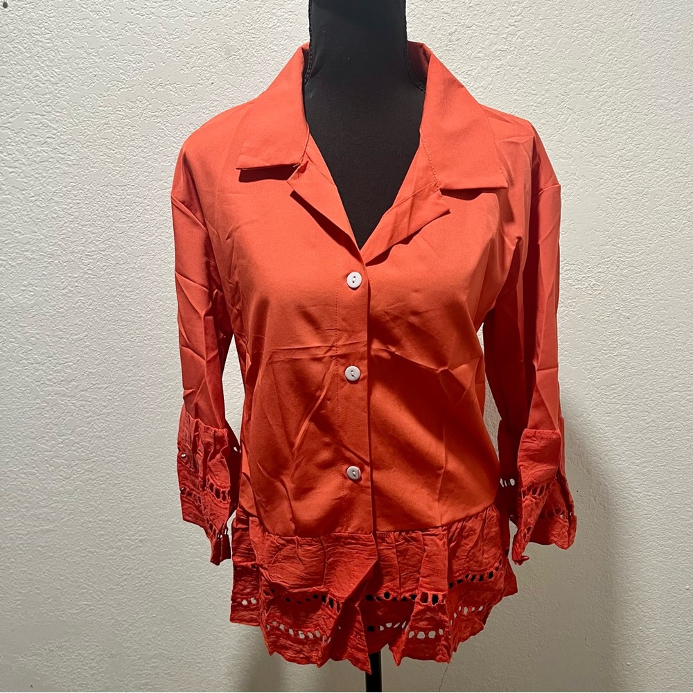 Orange NWOT Eyelet Detail Button-Up 3/4 Bell Sleeves Top